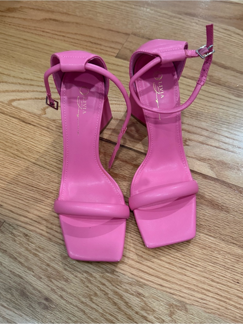 AKIRA Hot Pink Square-Toe Ankle-Strap Block Heels